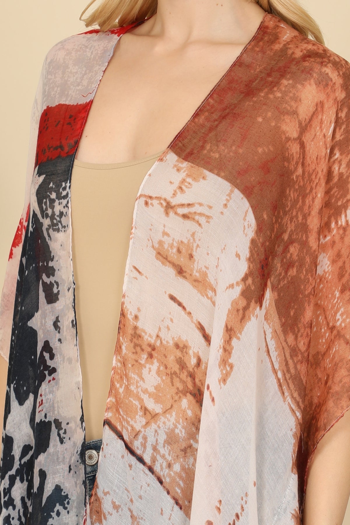 Hdf2840 - Faded Usa Accent Open Front Kimono