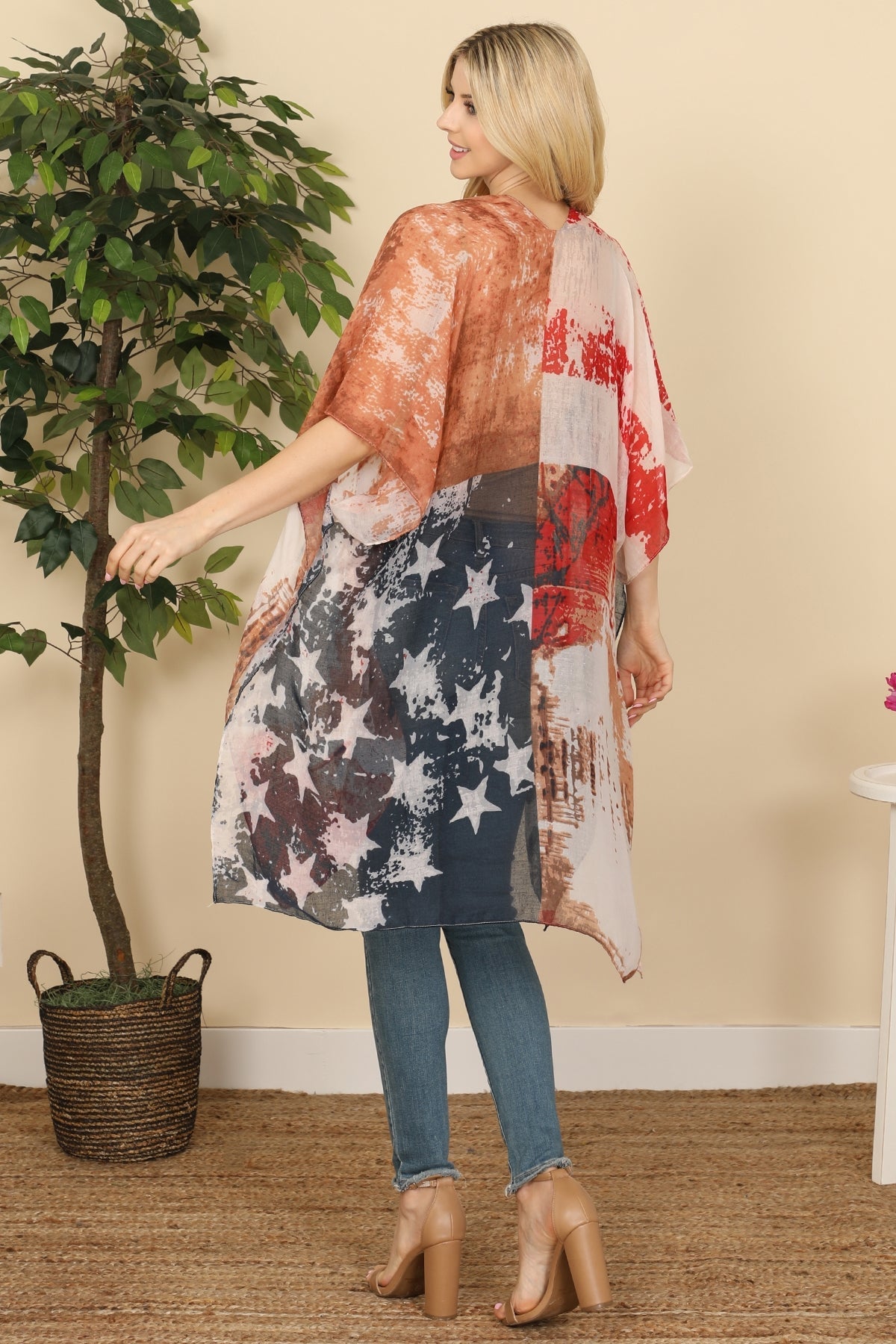 Hdf2840 - Faded Usa Accent Open Front Kimono