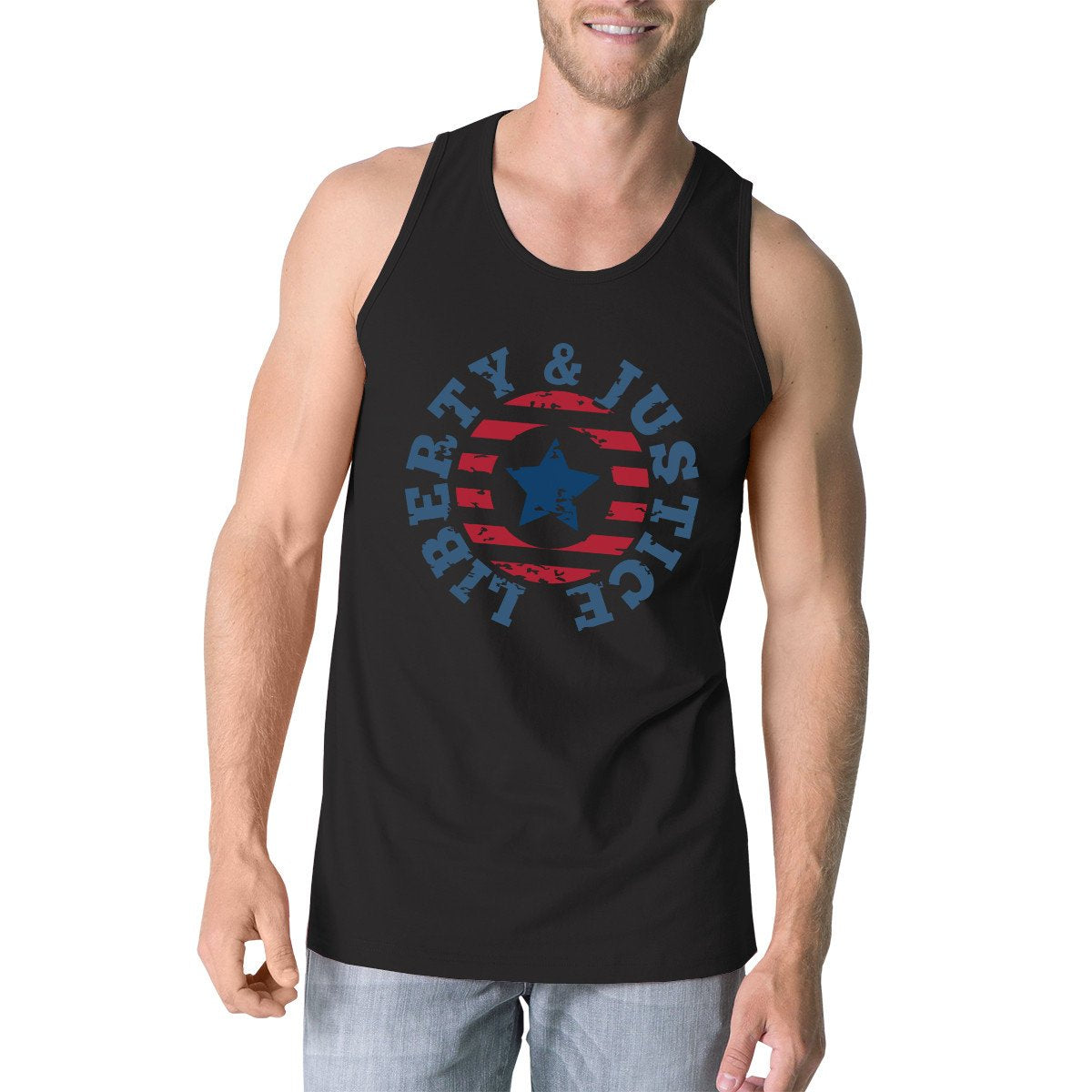Liberty & Justice Black Sleeveless Tee 4th of July Tank Top for Men