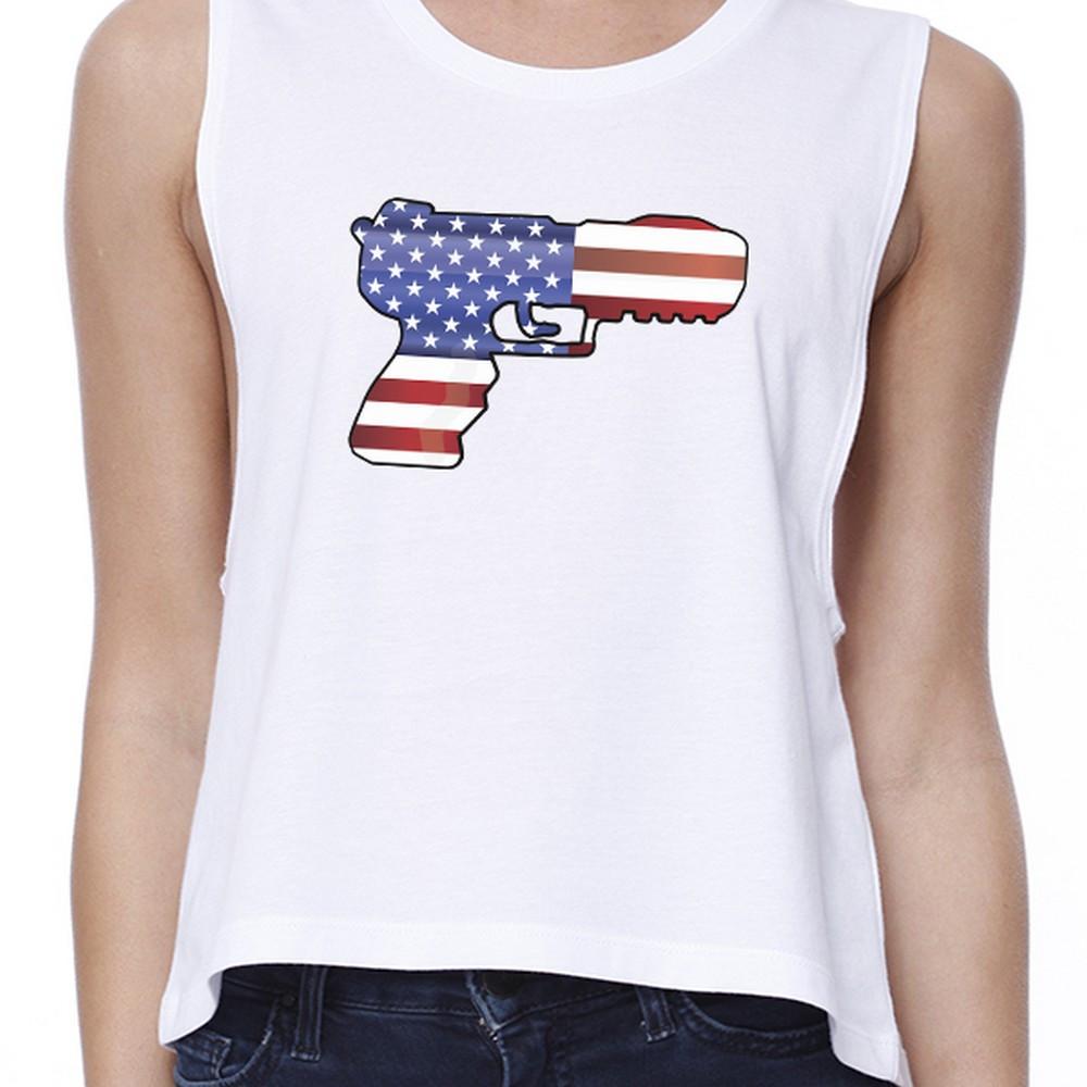 Pistol Shaped American Flag Unique Independence Day Womens Crop Tee